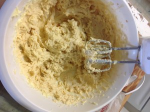 Creamed sugar, shortening, softened butter, vanilla and eggs
